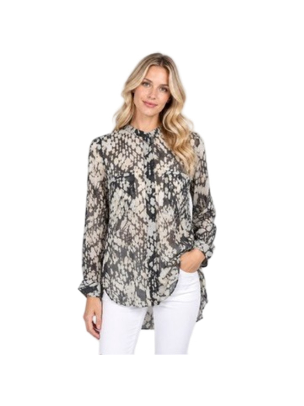 Vince 100% Silk Sheer Basketweave Print Band Neck Flap Pocket Blouse Size 8